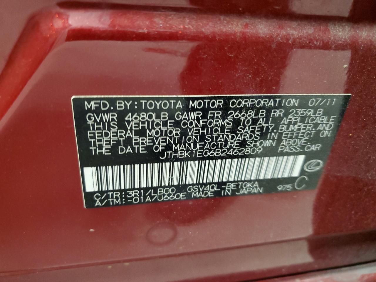 2011 Lexus Es 350 VIN: JTHBK1EG6B2462809 Lot: 73010634