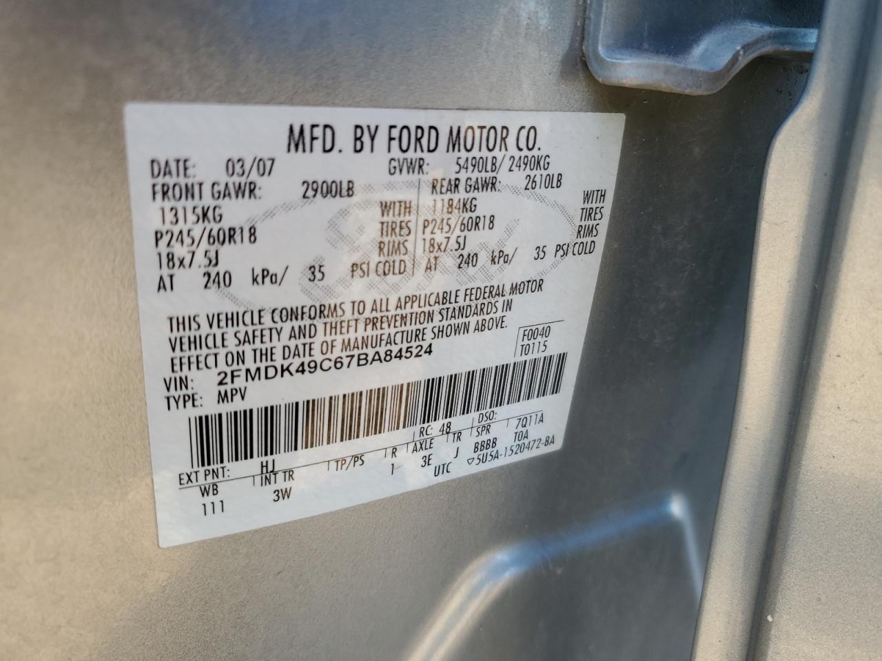 2FMDK49C67BA84524 2007 Ford Edge Sel Plus