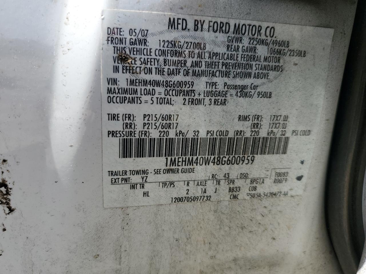 1MEHM40W48G600959 2008 Mercury Sable Luxury