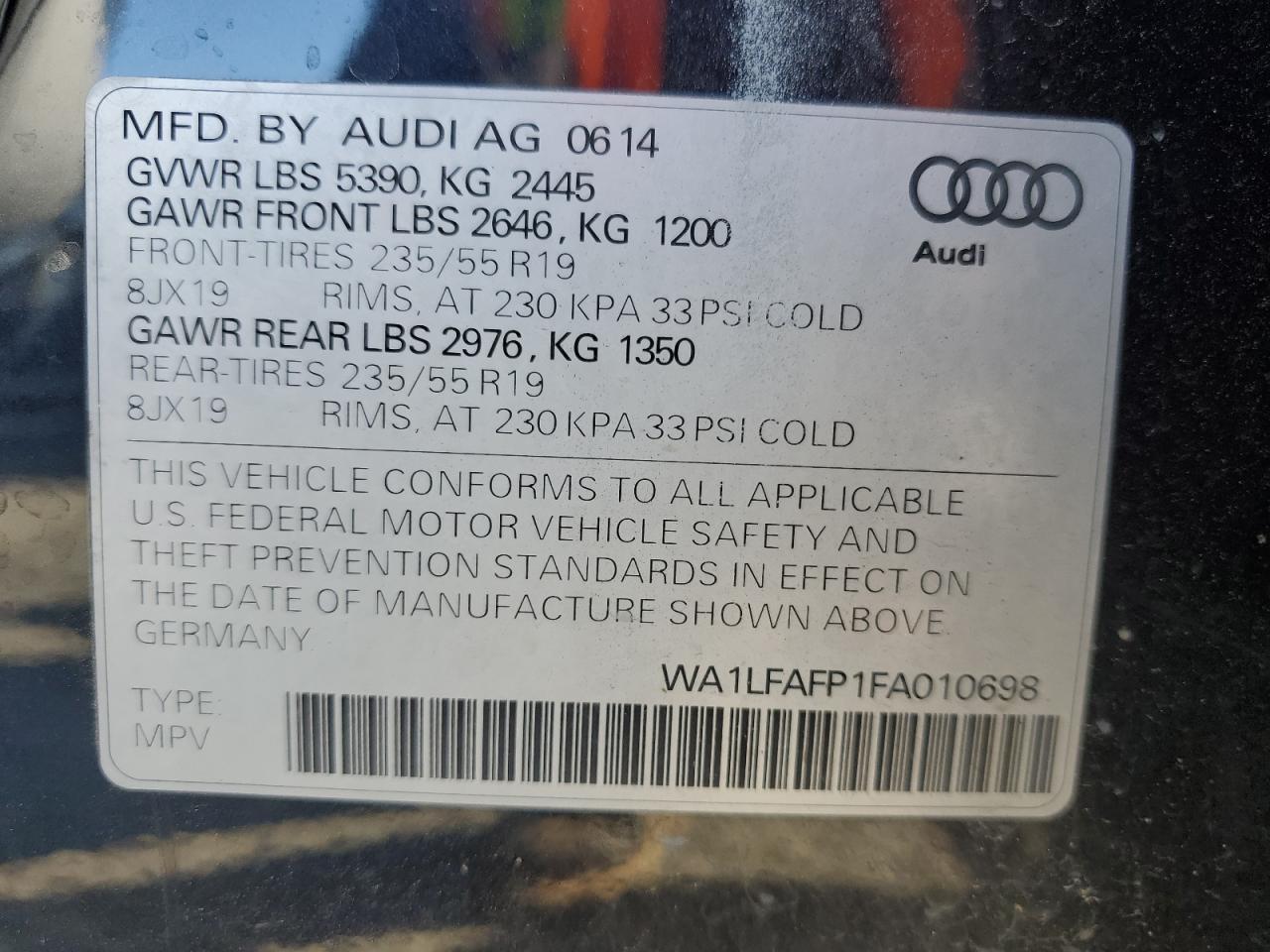 2015 Audi Q5 Premium Plus VIN: WA1LFAFP1FA010698 Lot: 68928504