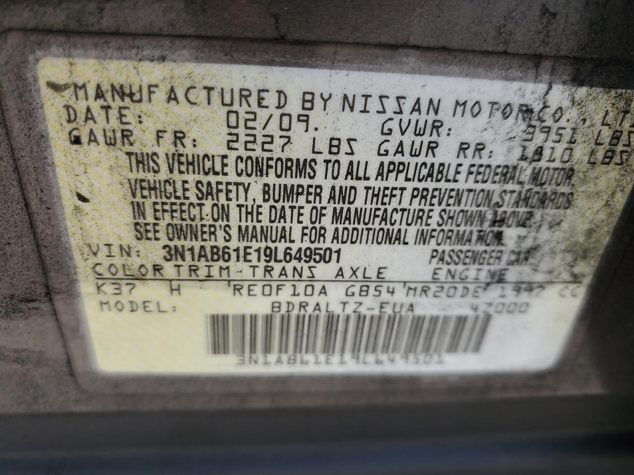 2009 Nissan Sentra 2.0 VIN: 3N1AB61E19L649501 Lot: 70669264