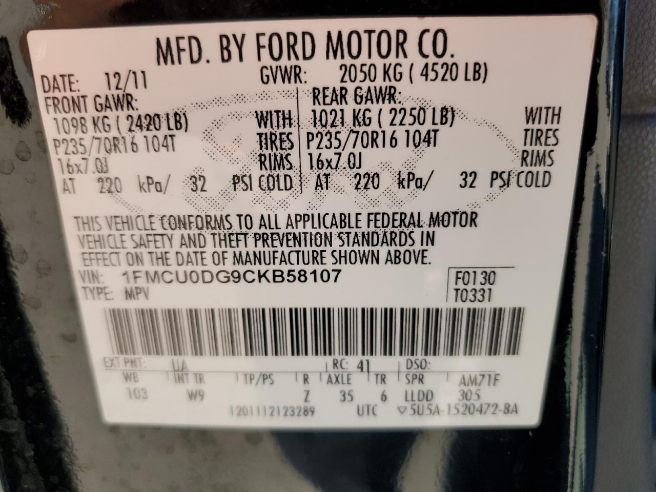 1FMCU0DG9CKB58107 2012 Ford Escape Xlt