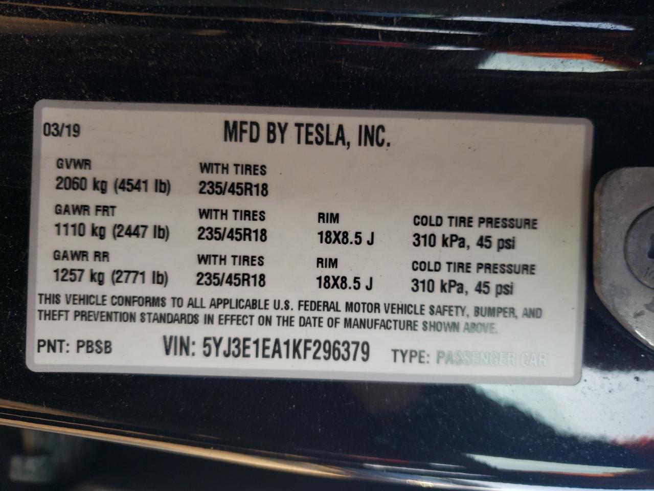 5YJ3E1EA1KF296379 2019 Tesla Model 3