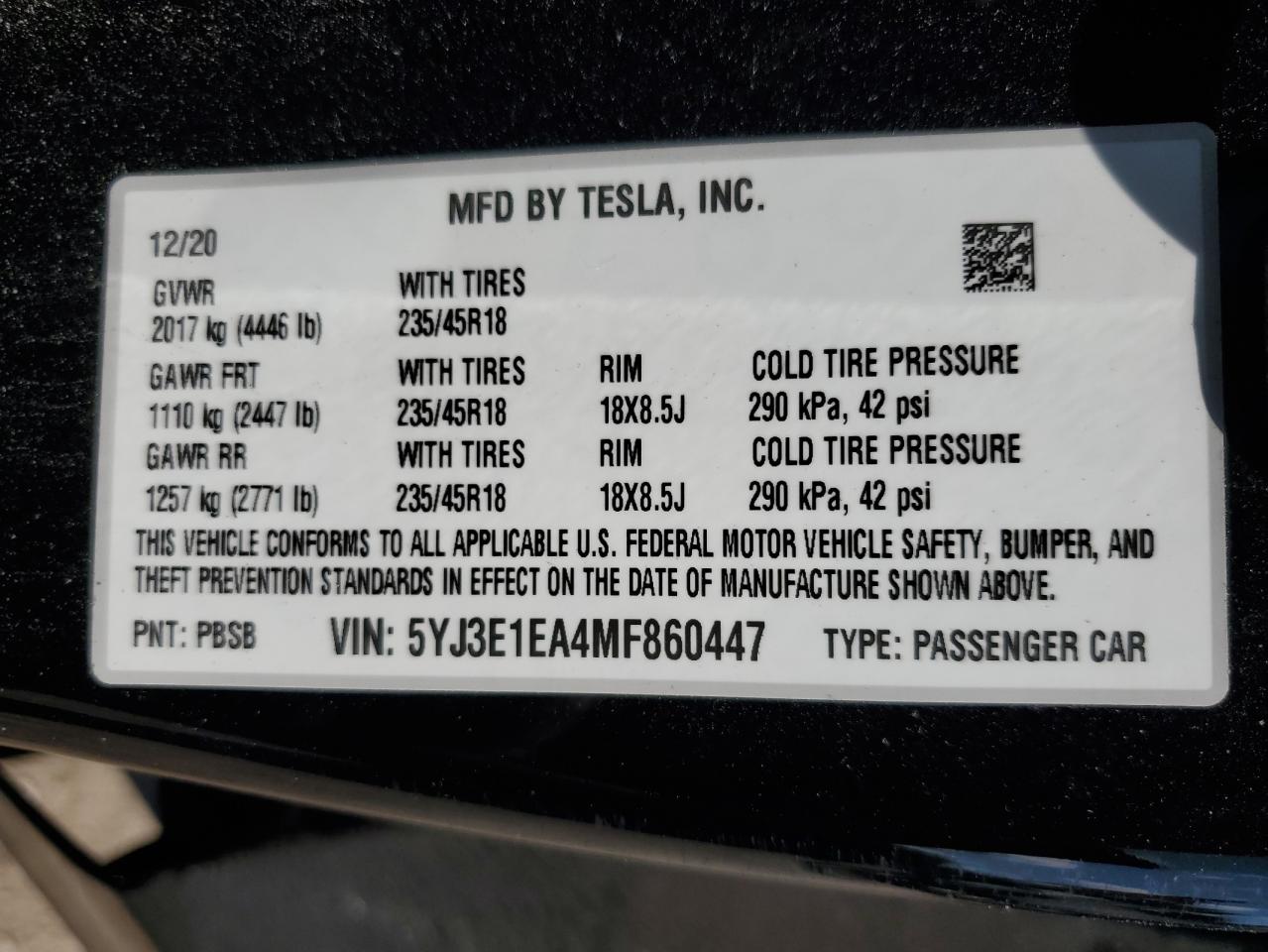 5YJ3E1EA4MF860447 2021 Tesla Model 3