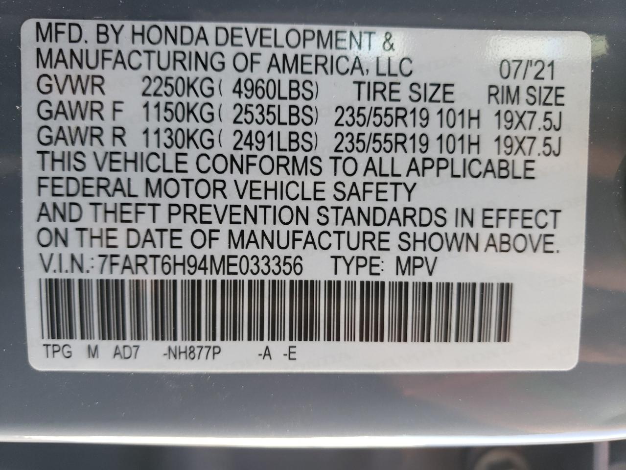 2021 Honda Cr-V Touring VIN: 7FART6H94ME033356 Lot: 73435204