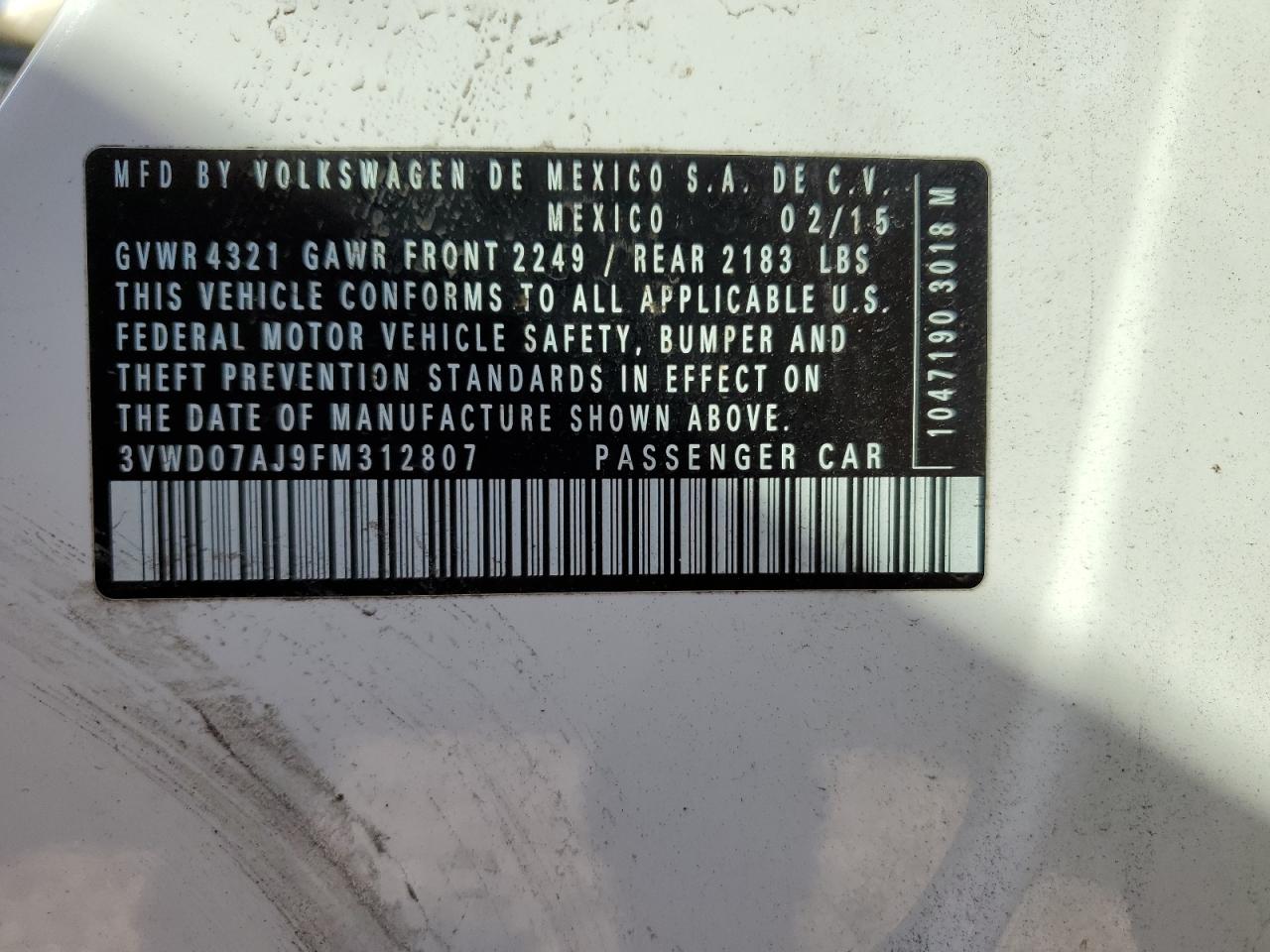 2015 Volkswagen Jetta Se VIN: 3VWD07AJ9FM312807 Lot: 73363014