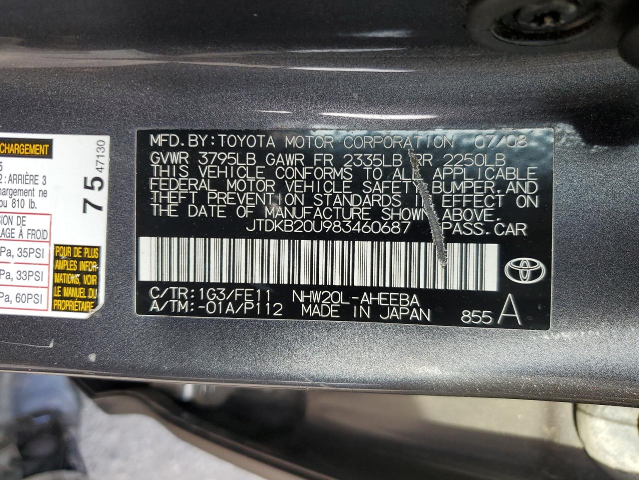 JTDKB20U983460687 2008 Toyota Prius