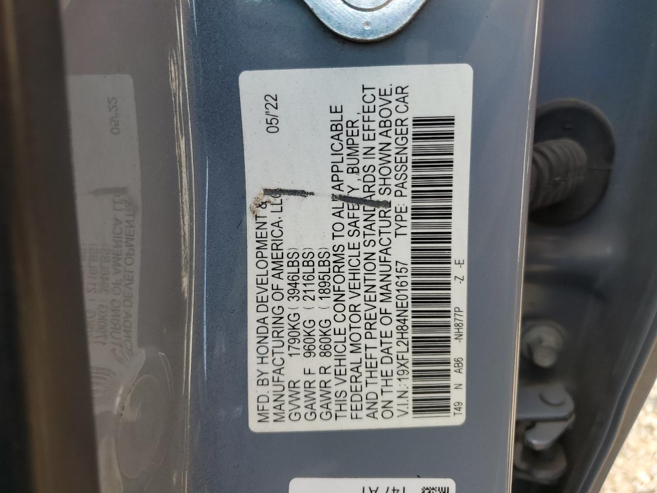 19XFL2H84NE016157 2022 Honda Civic Sport 19XFL2H84NE016157 2022 Honda Civic Sport