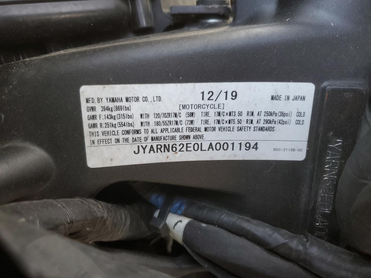 JYARN62E0LA001194 2020 Yamaha Mtt09 Gt