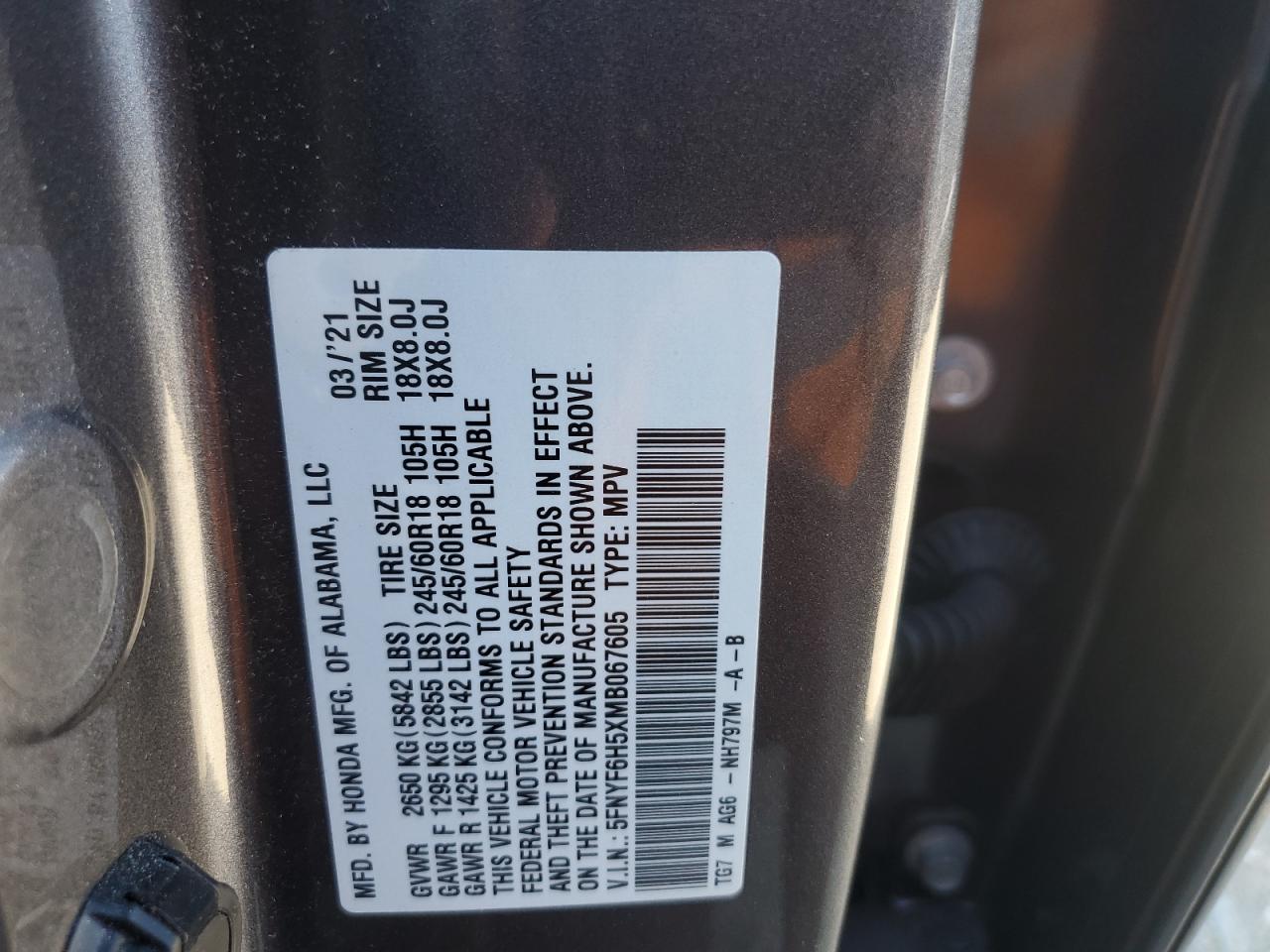 5FNYF6H5XMB067605 2021 Honda Pilot Exl