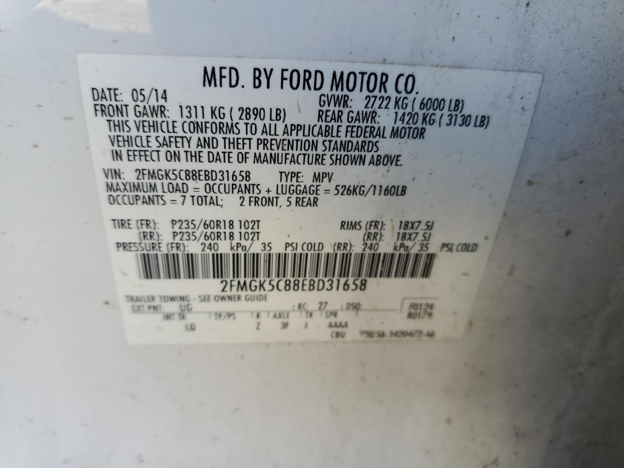 2FMGK5C88EBD31658 2014 Ford Flex Sel