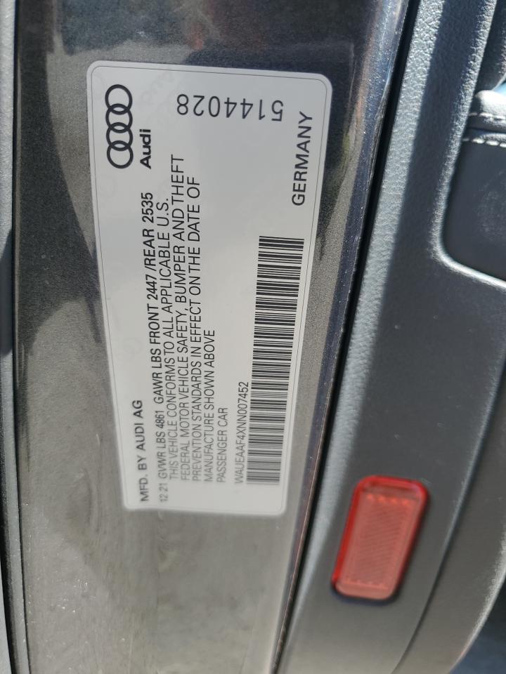 2022 Audi A4 Premium Plus 45 VIN: WAUEAAF4XNN007452 Lot: 73789734