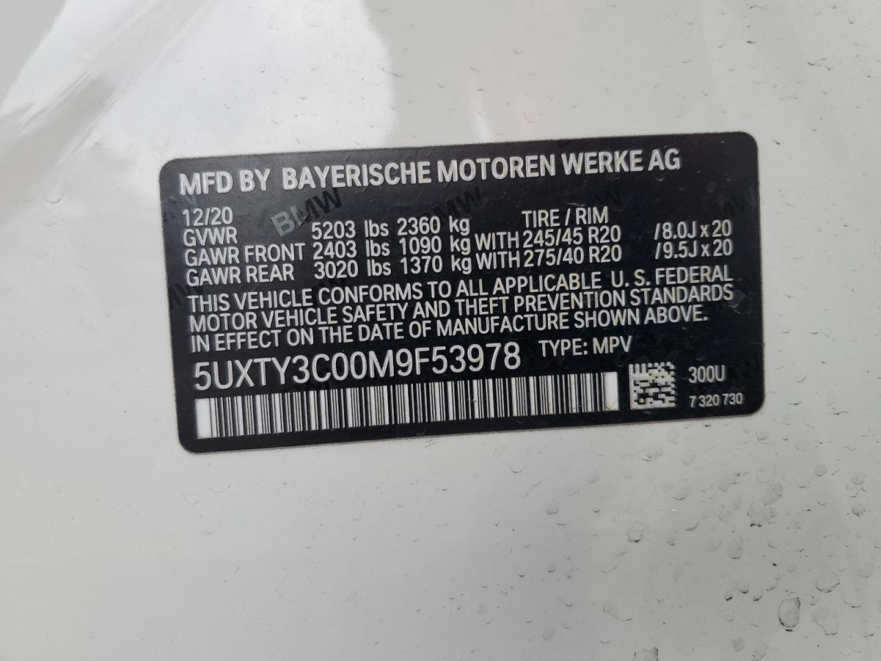 2021 BMW X3 Sdrive30I VIN: 5UXTY3C00M9F53978 Lot: 70254644