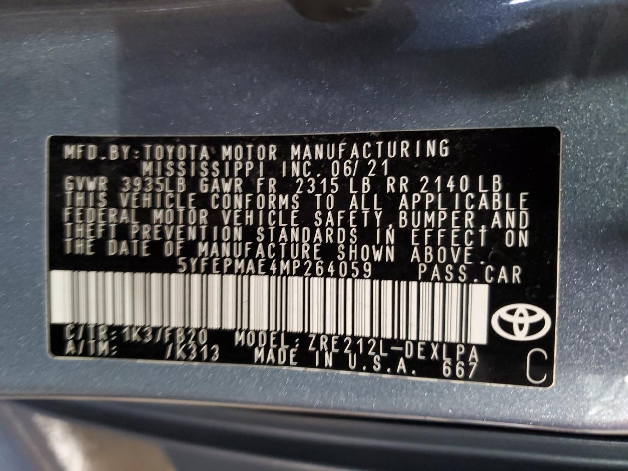 5YFEPMAE4MP264059 2021 Toyota Corolla Le