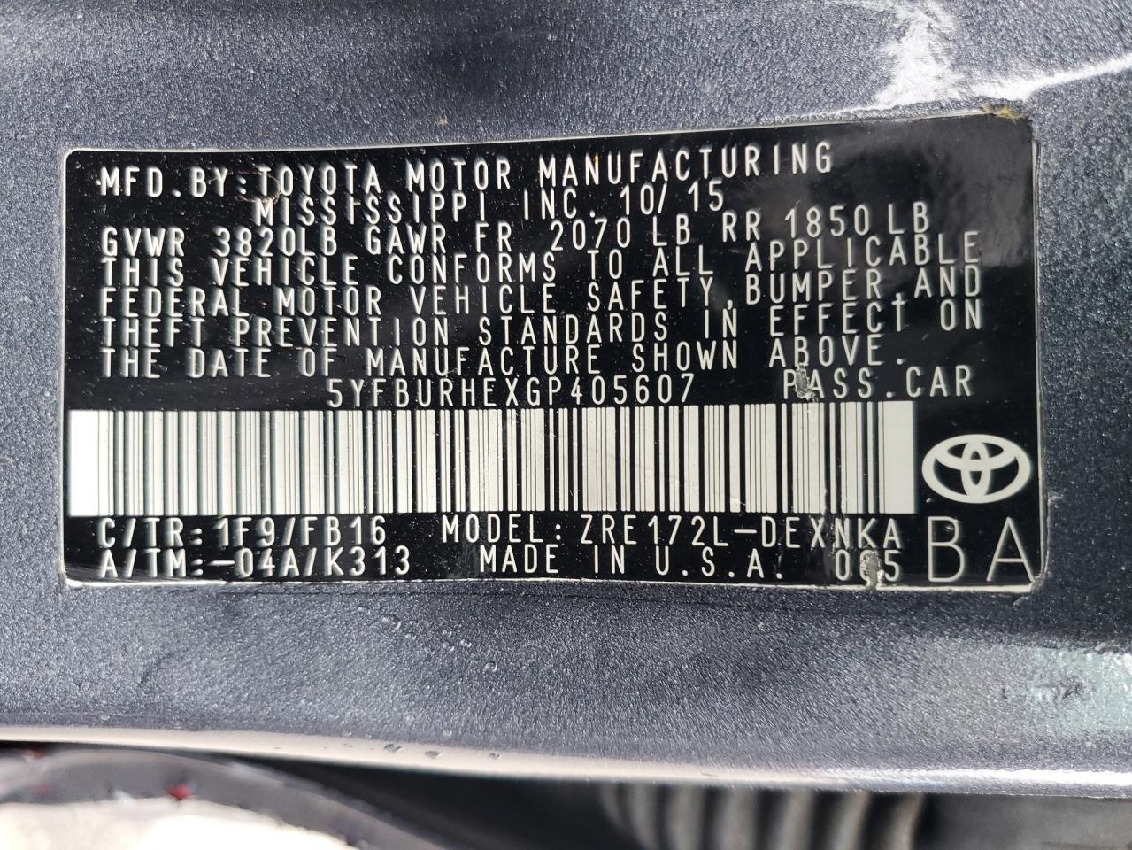 2016 Toyota Corolla L VIN: 5YFBURHEXGP405607 Lot: 72750664