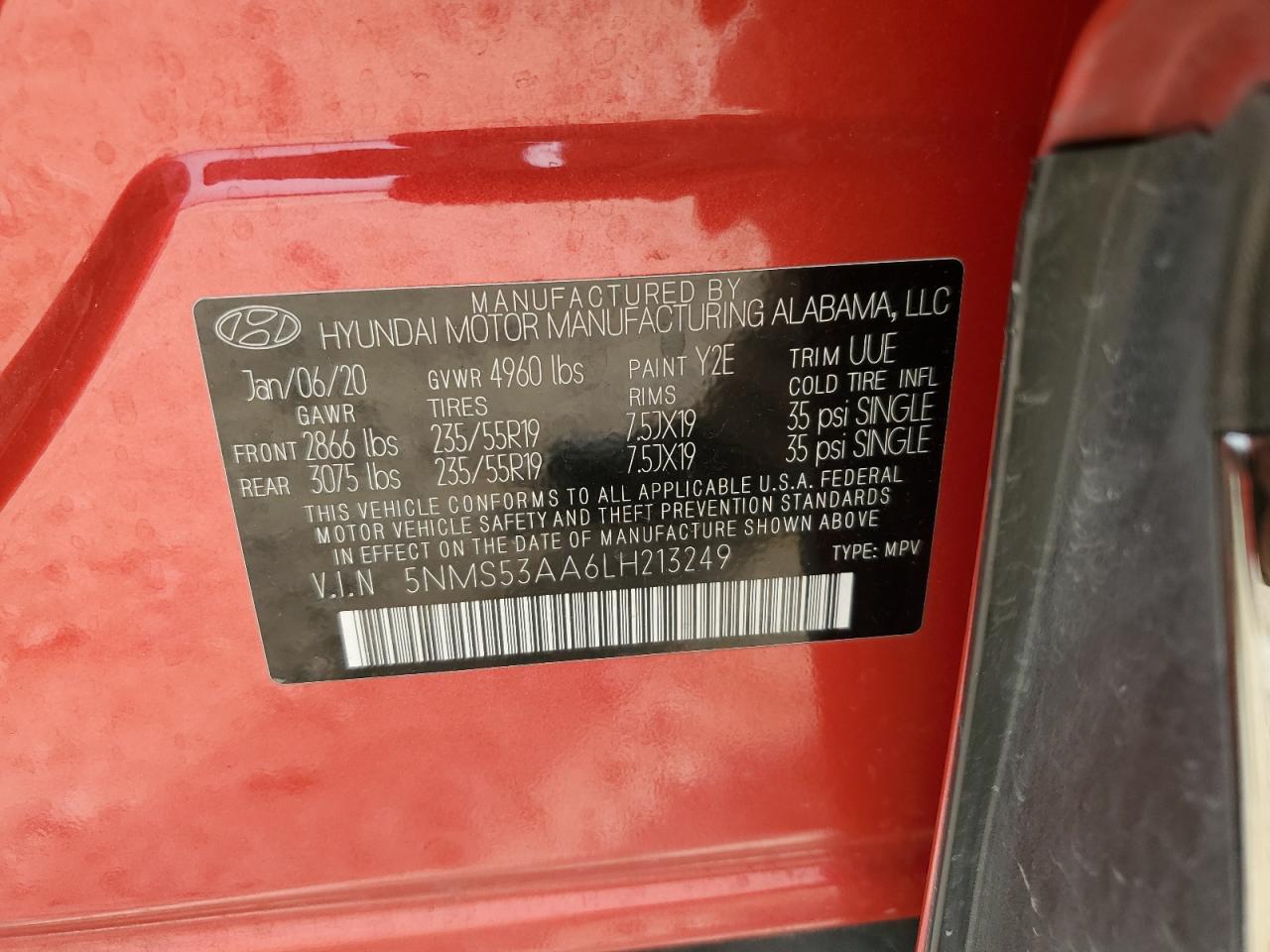 5NMS53AA6LH213249 2020 Hyundai Santa Fe Limited