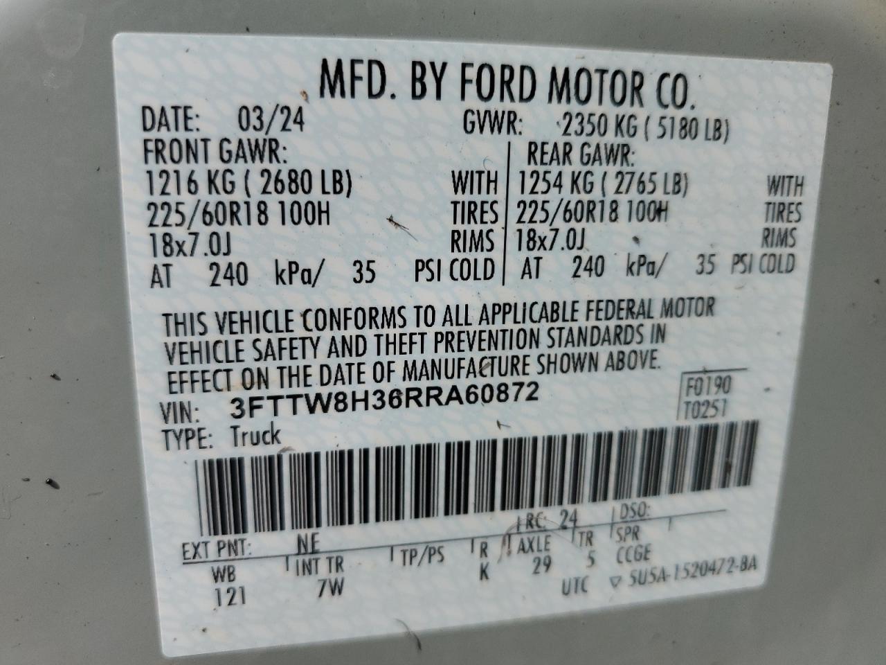 3FTTW8H36RRA60872 2024 Ford Maverick Xlt