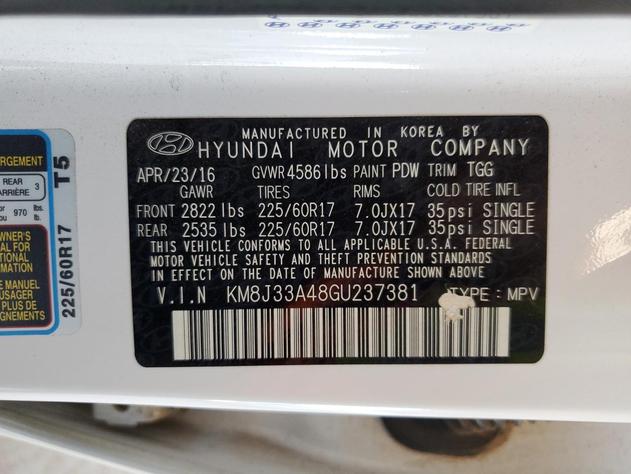 KM8J33A48GU237381 2016 Hyundai Tucson Limited