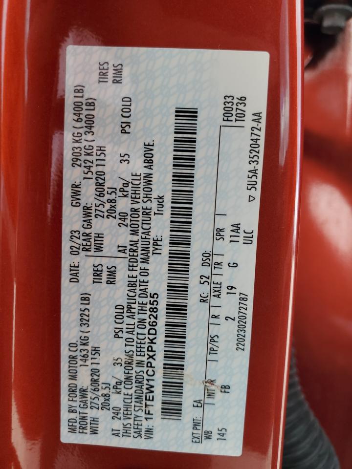 2023 Ford F150 Supercrew VIN: 1FTEW1CPXPKD62855 Lot: 72144064