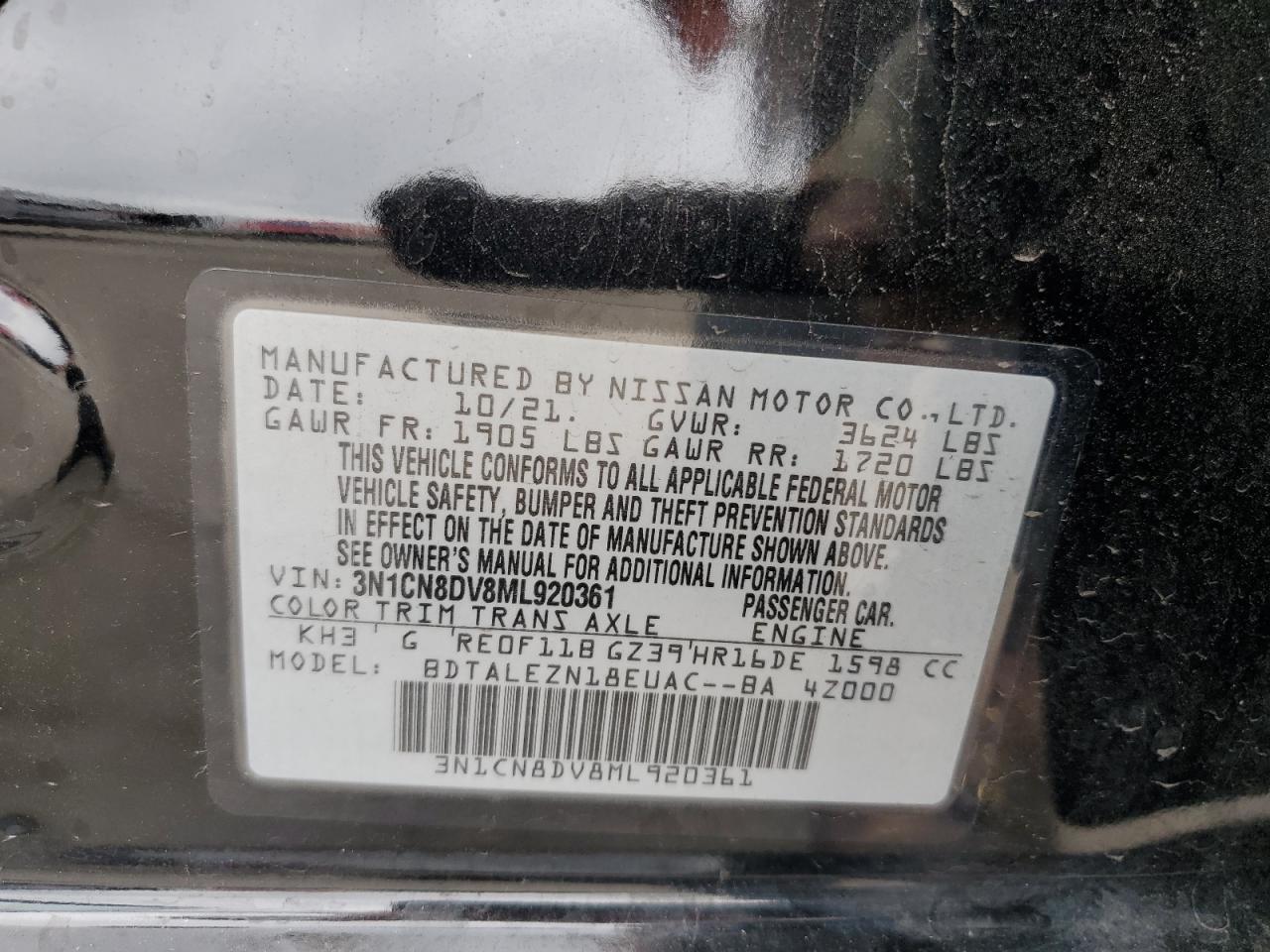 3N1CN8DV8ML920361 2021 Nissan Versa S