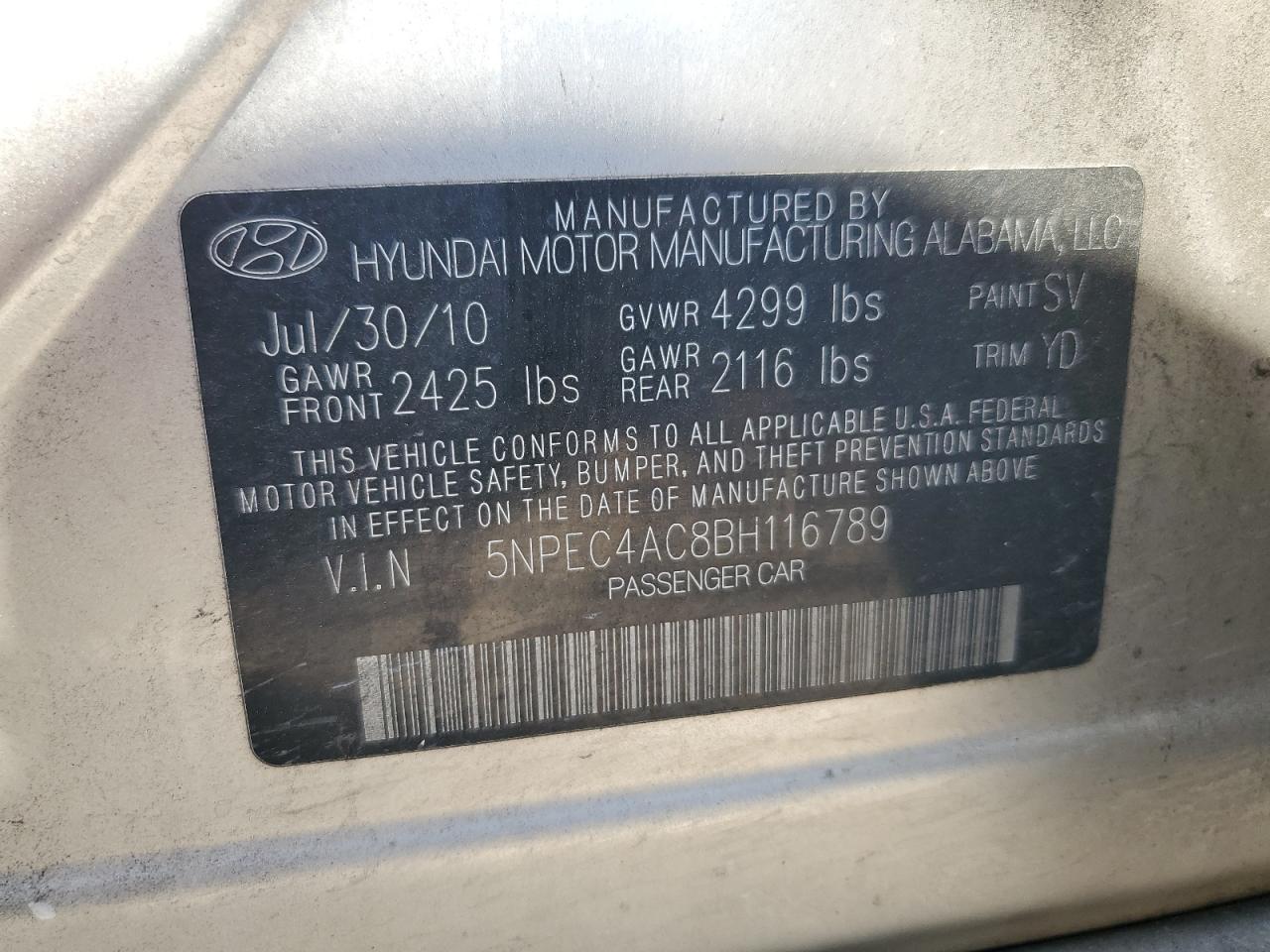 5NPEC4AC8BH116789 2011 Hyundai Sonata Se