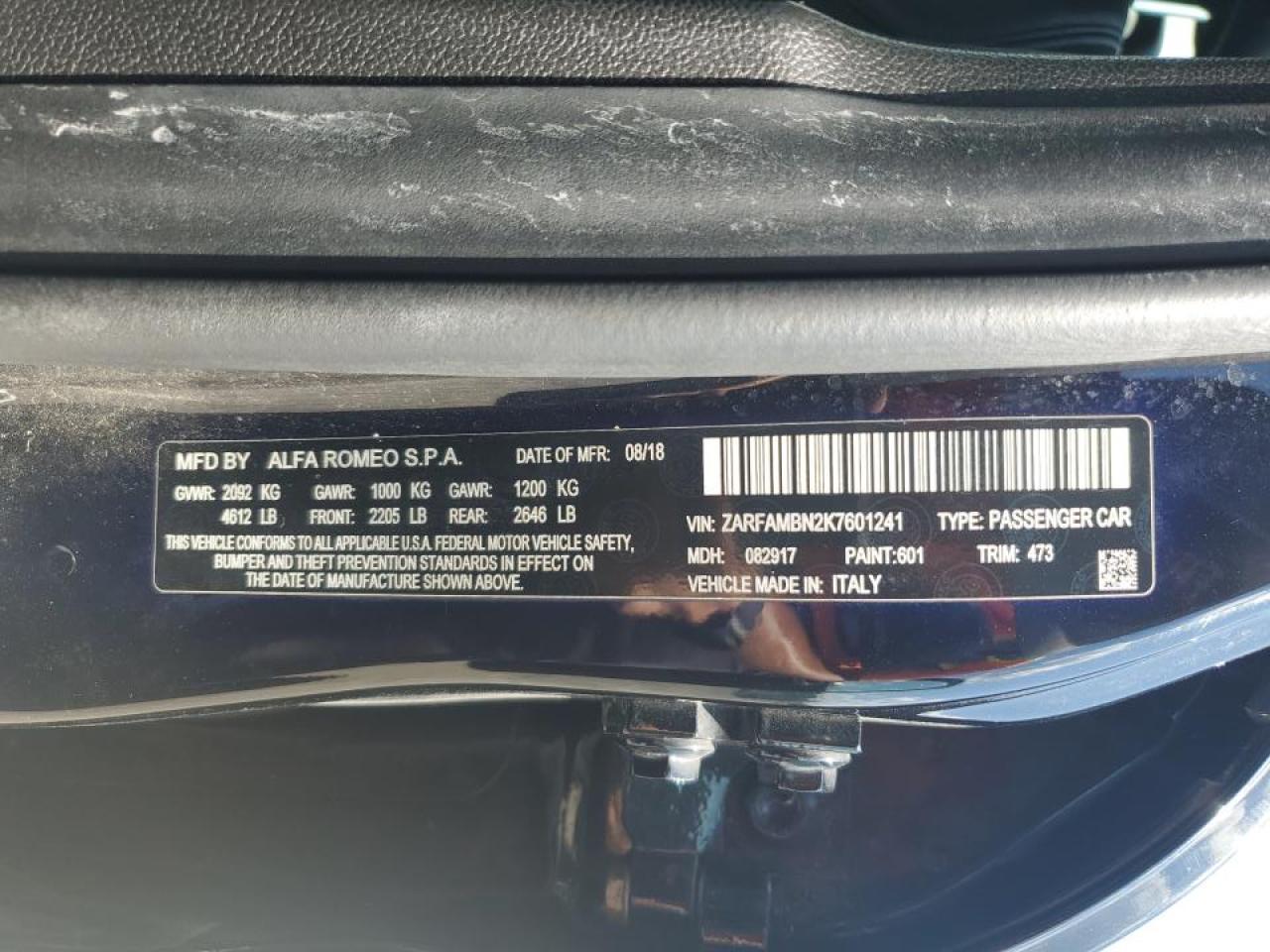 2019 Alfa Romeo Giulia Ti VIN: ZARFAMBN2K7601241 Lot: 72420694