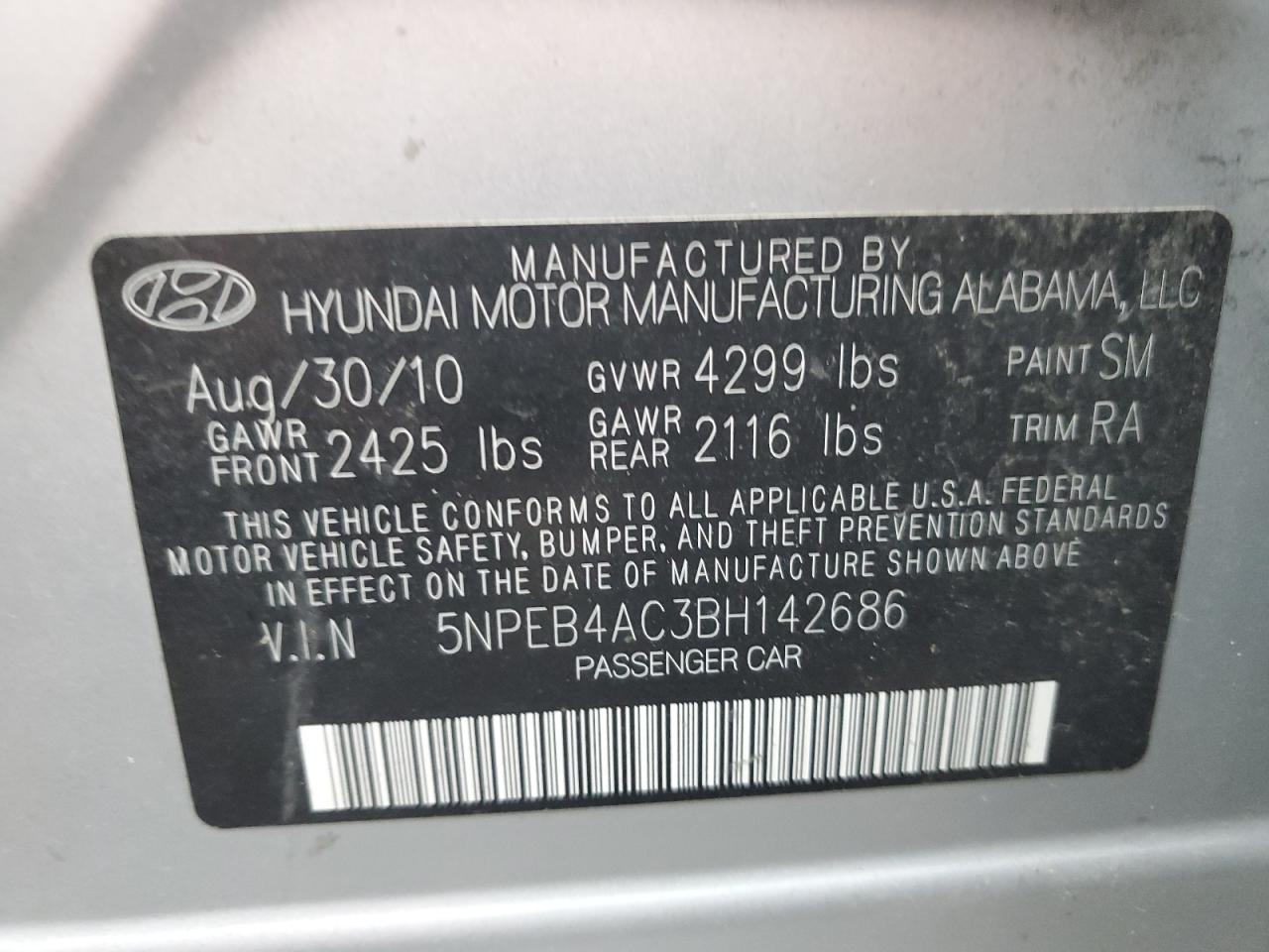 5NPEB4AC3BH142686 2011 Hyundai Sonata Gls