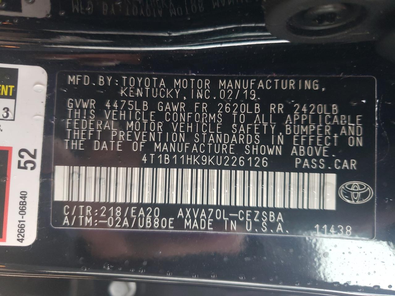 4T1B11HK9KU226126 2019 Toyota Camry L