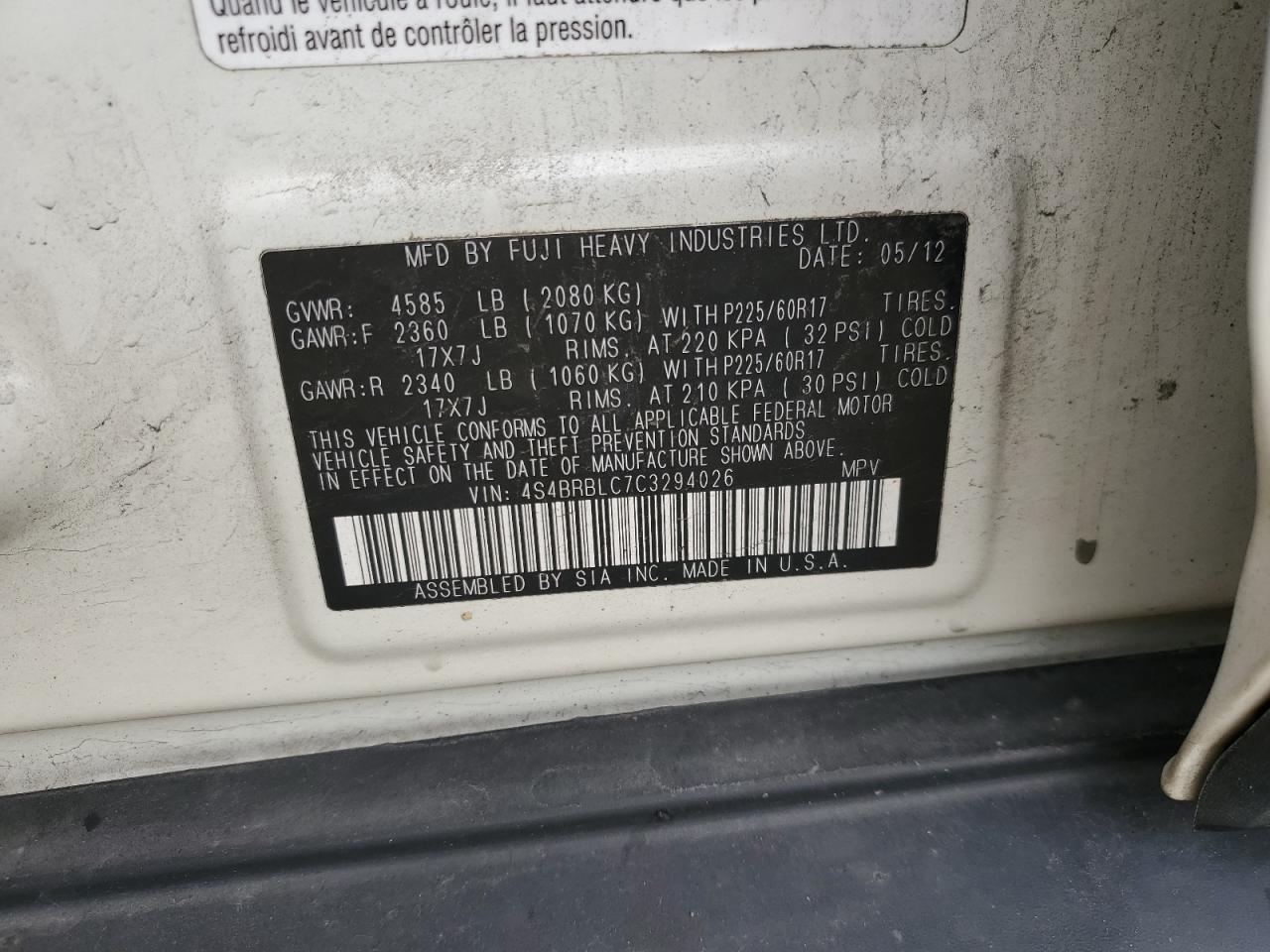 2012 Subaru Outback 2.5I Limited VIN: 4S4BRBLC7C3294026 Lot: 72183184