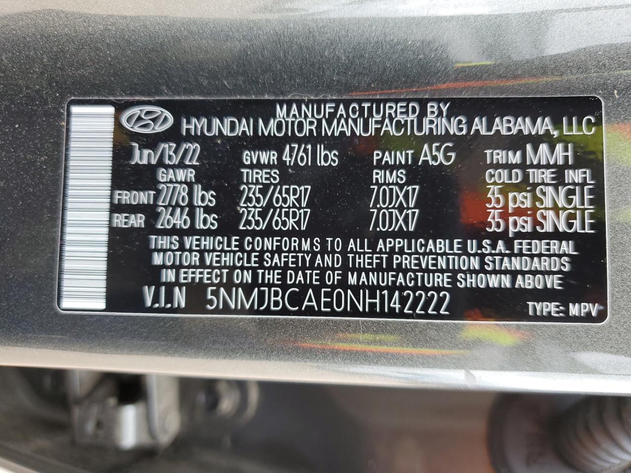 2022 Hyundai Tucson Sel VIN: 5NMJBCAE0NH142222 Lot: 70288784