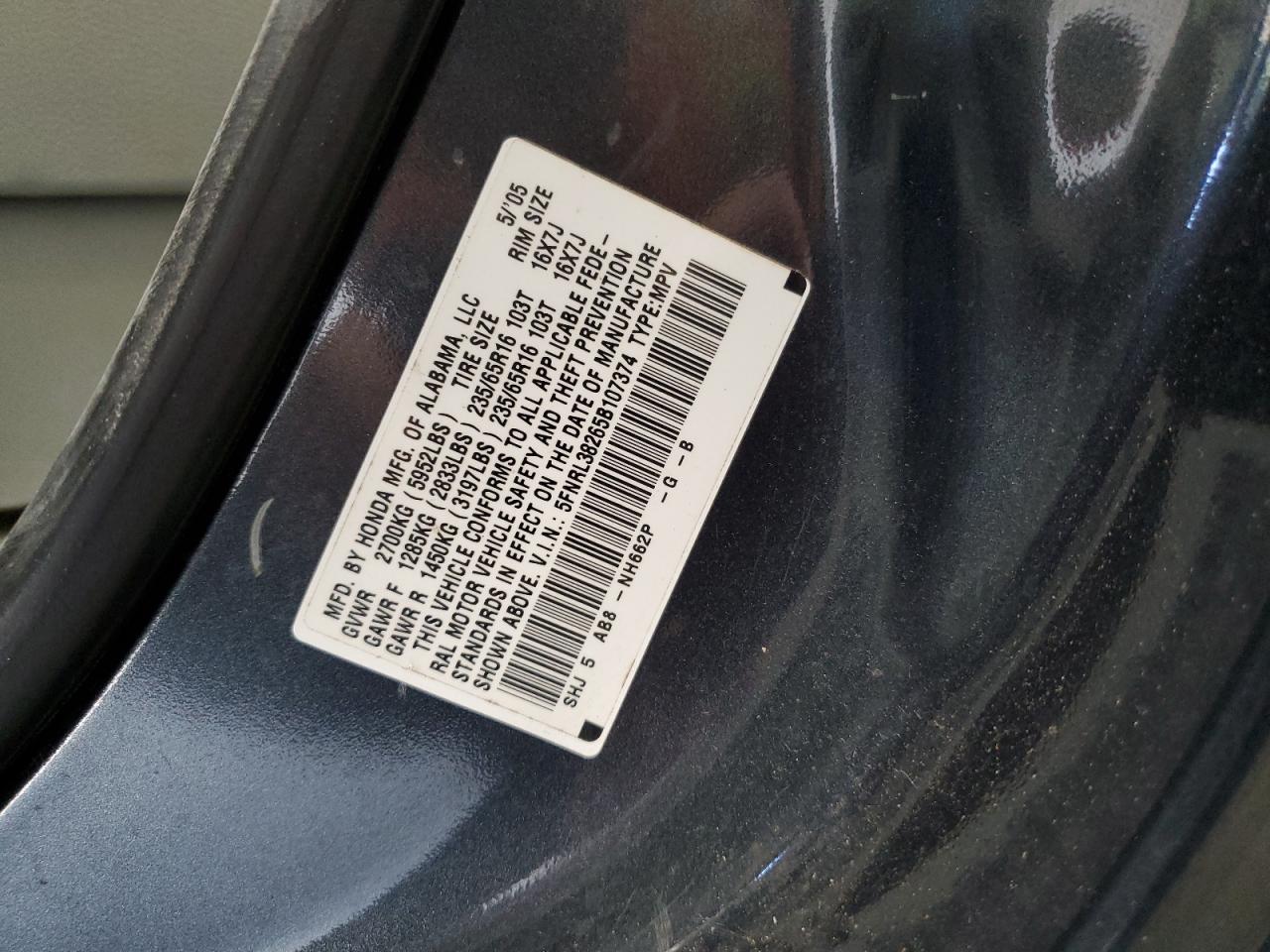 5FNRL38265B107374 2005 Honda Odyssey Lx