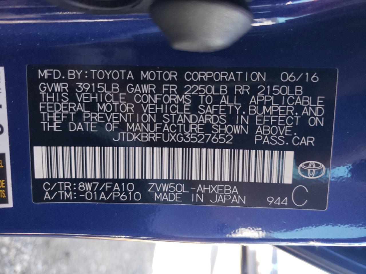 2016 Toyota Prius VIN: JTDKBRFUXG3527652 Lot: 71986114