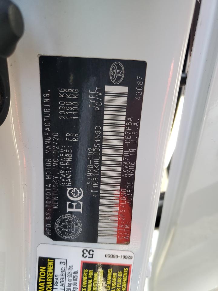 2020 Toyota Camry Xse VIN: 4T1K61AK0LU351593 Lot: 61482744