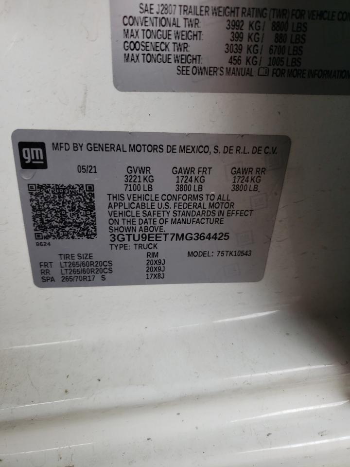 2021 GMC Sierra K1500 At4 VIN: 3GTU9EET7MG364425 Lot: 72391614