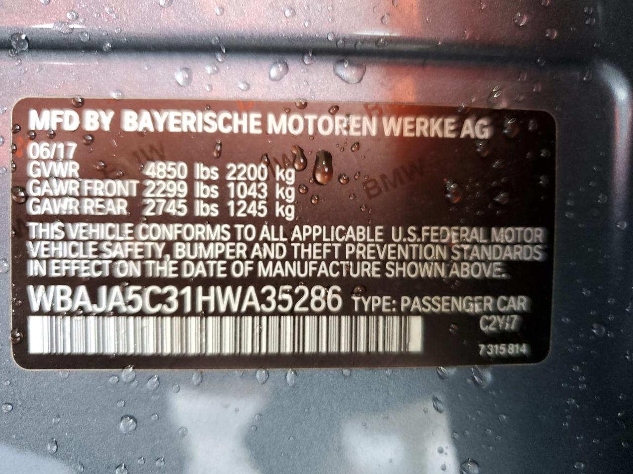 WBAJA5C31HWA35286 2017 BMW 530 I