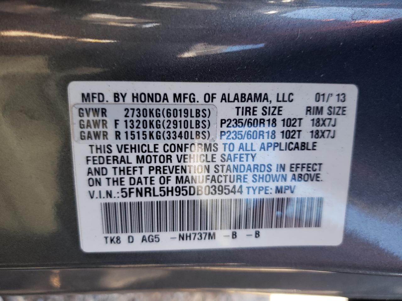 5FNRL5H95DB039544 2013 Honda Odyssey Touring