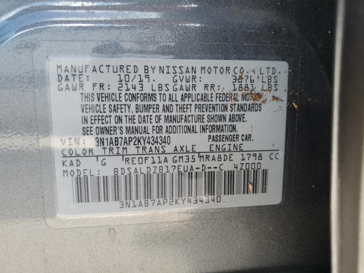 3N1AB7AP2KY434340 2019 Nissan Sentra S