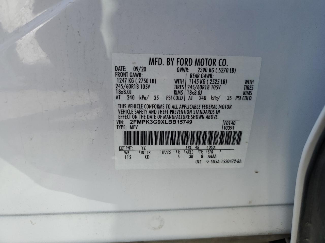 2FMPK3G9XLBB15749 2020 Ford Edge Se