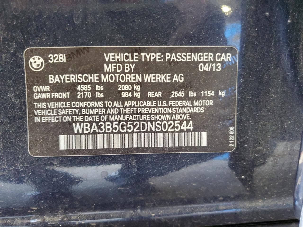 VIN WBA3B5G52DNS02544 2013 BMW 3 SERIES no.12