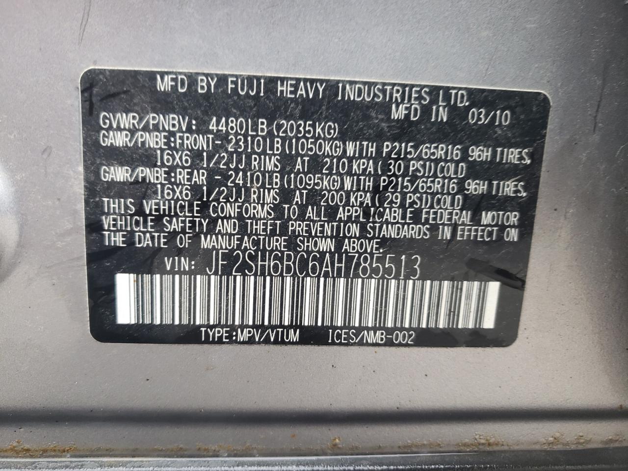 JF2SH6BC6AH785513 2010 Subaru Forester Xs