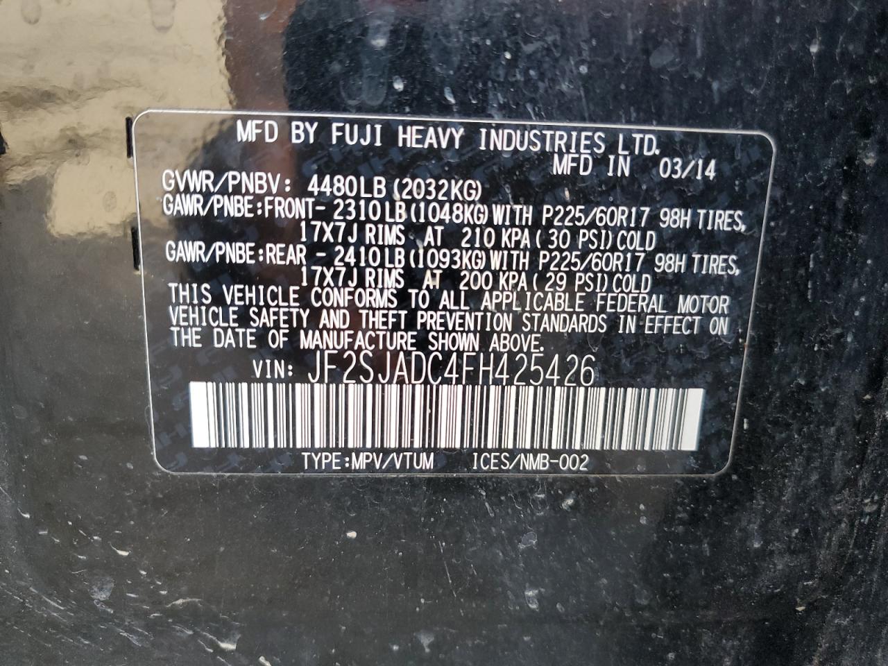 2015 Subaru Forester 2.5I Premium VIN: JF2SJADC4FH425426 Lot: 70629894