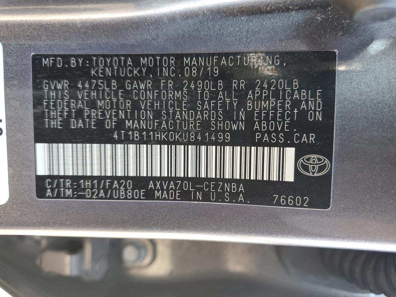 4T1B11HK0KU841499 2019 Toyota Camry L