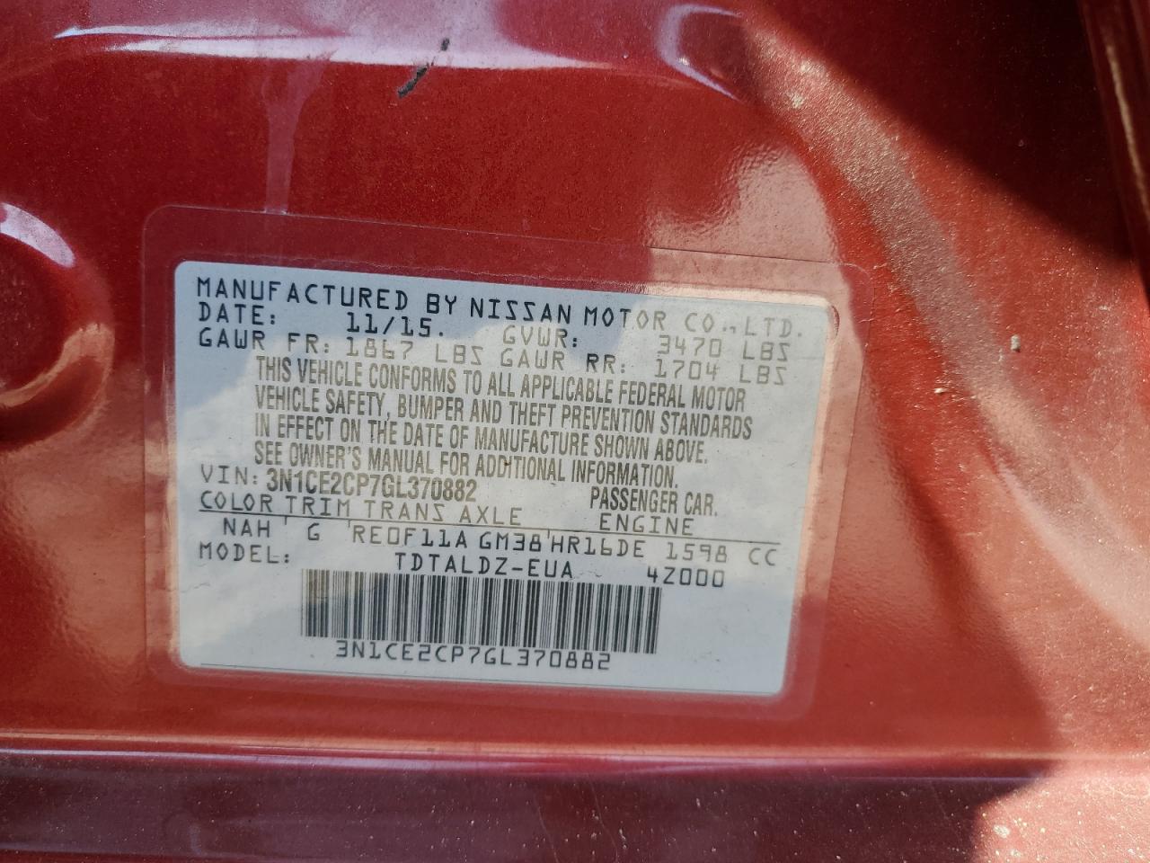 3N1CE2CP7GL370882 2016 Nissan Versa Note S