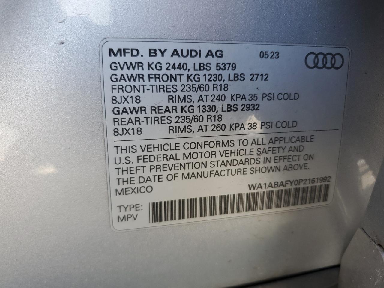 2023 Audi Q5 Premium 40 VIN: WA1ABAFY0P2161992 Lot: 70450074