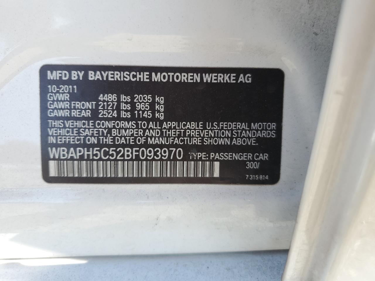 2011 BMW 328 I Sulev VIN: WBAPH5C52BF093970 Lot: 71819324