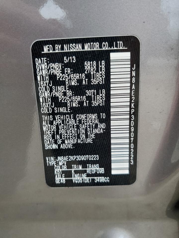 2013 Nissan Quest S VIN: JN8AE2KP3D9070223 Lot: 72962714