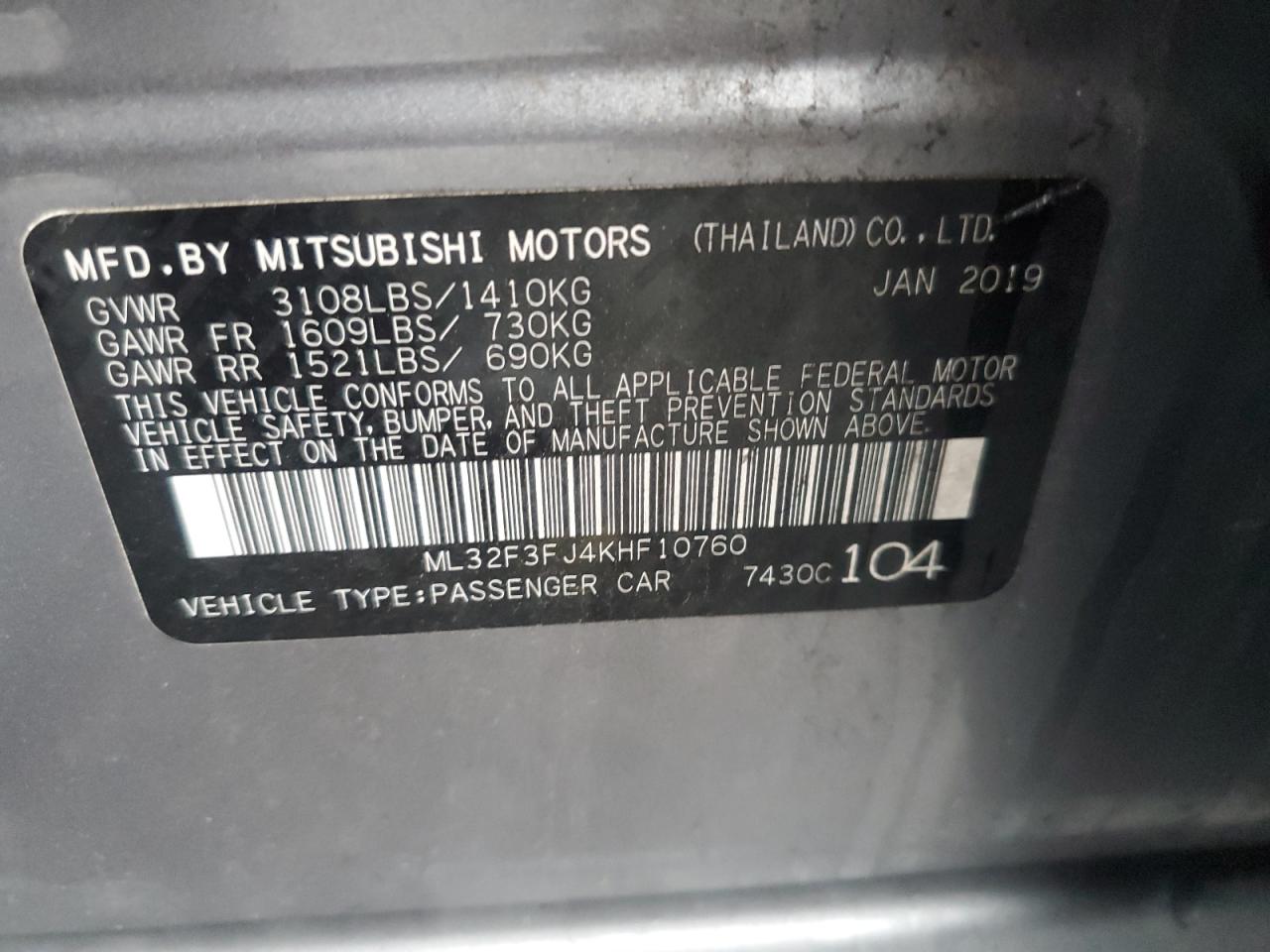 ML32F3FJ4KHF10760 2019 Mitsubishi Mirage G4 Es