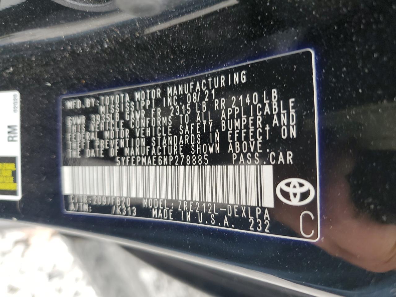 2022 Toyota Corolla Le VIN: 5YFEPMAE6NP278885 Lot: 71970154