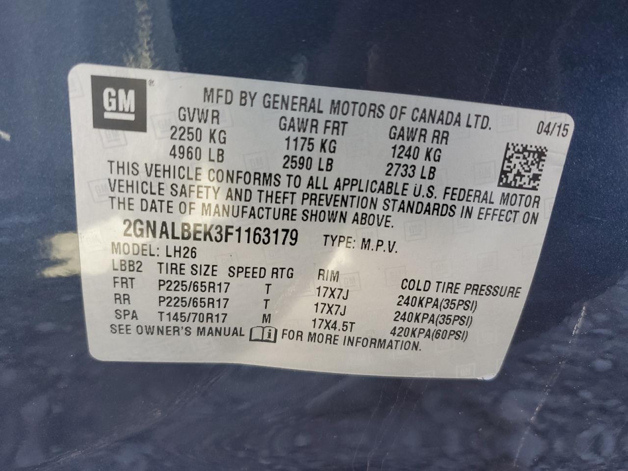 2GNALBEK3F1163179 2015 Chevrolet Equinox Lt