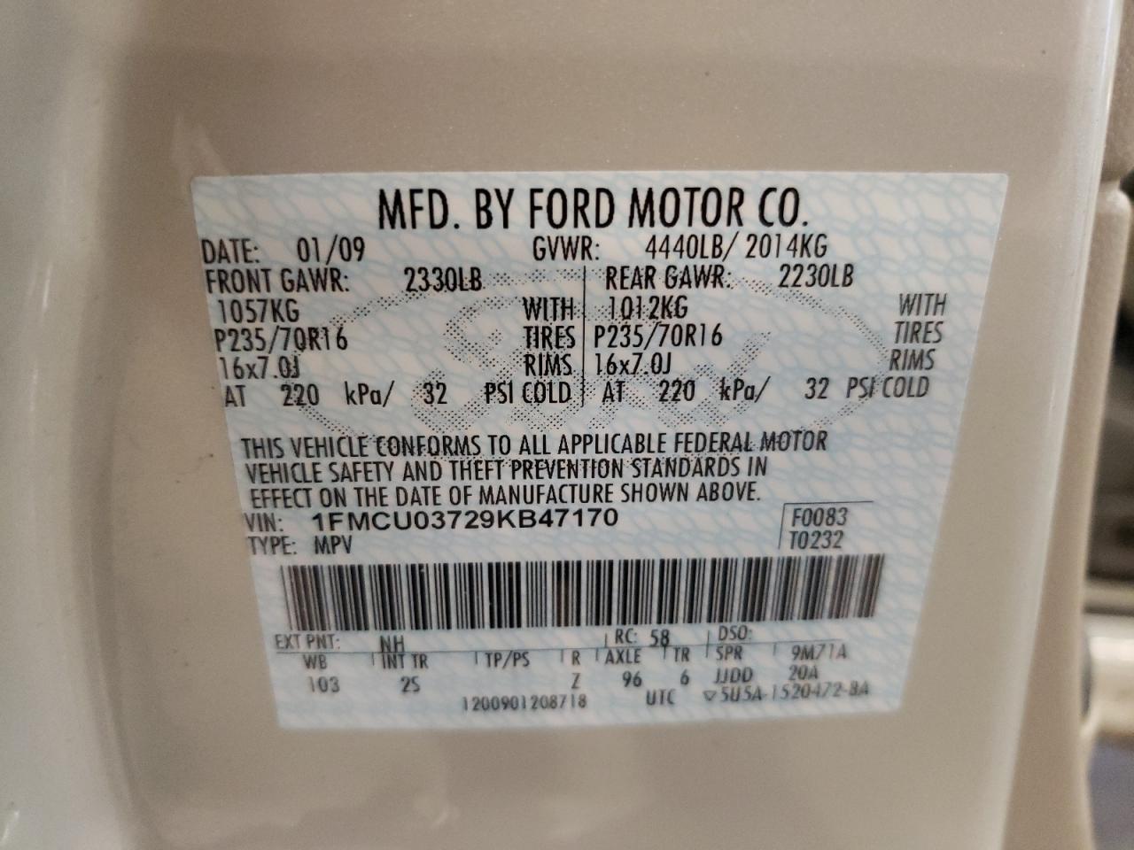 1FMCU03729KB47170 2009 Ford Escape Xlt